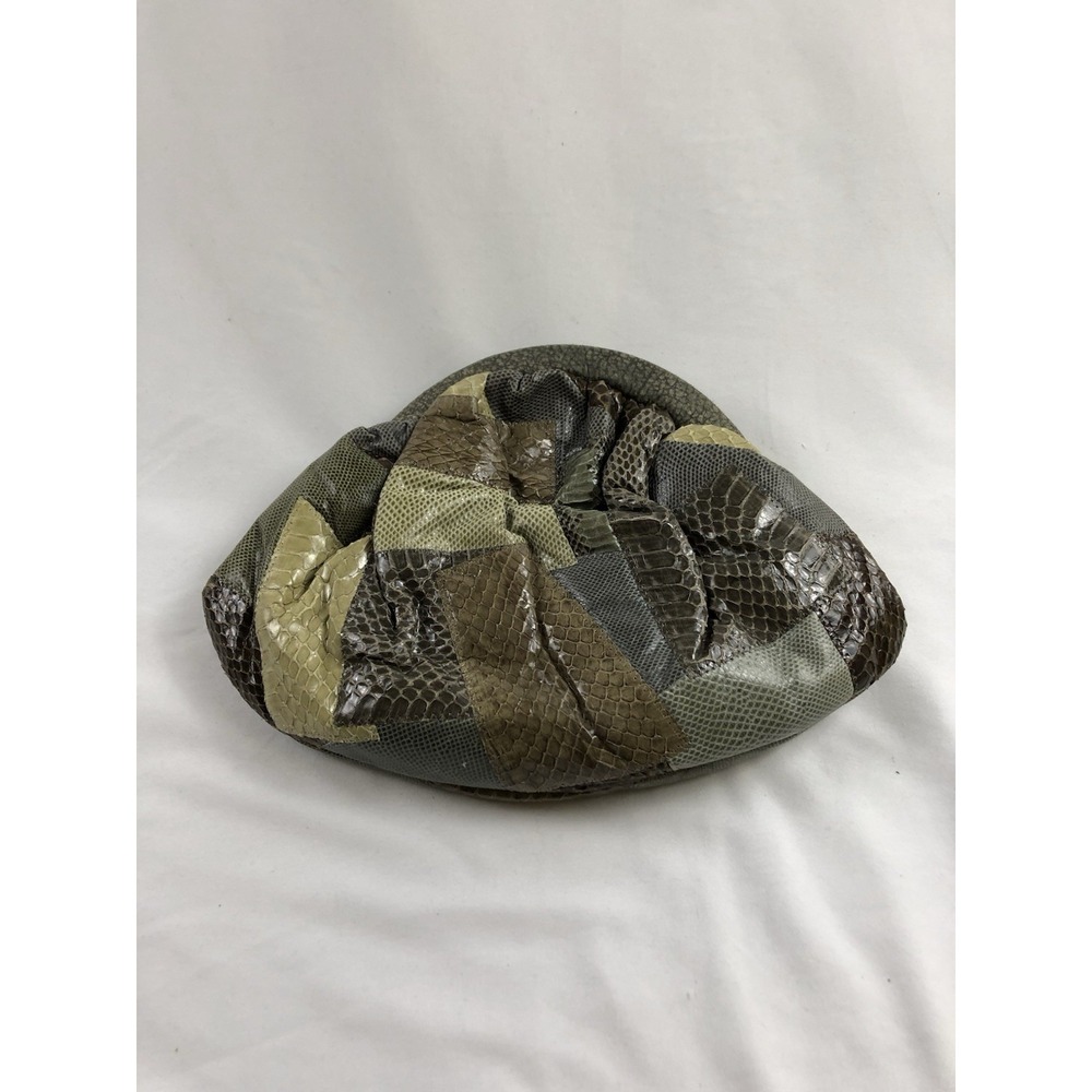 Vintage Genuine Snakeskin Patchwork Clutch Purse Gray Brown Kiss Lock Shoulder - Picture 9 of 9